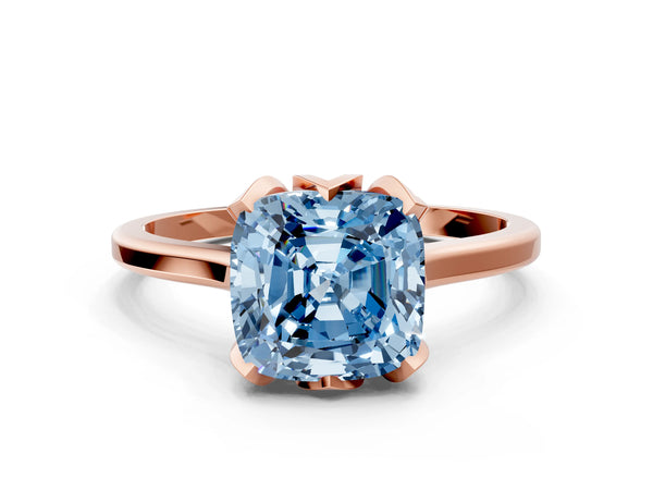 Rose gold Fancy Blue Cushion Cut Diamond Solitaire Ring with Flower Prong Setting and Classic Band