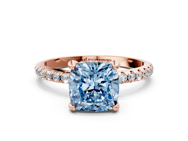 Rose gold Fancy Blue Cushion Cut Diamond Solitaire Ring with Four-Prong Setting and Pavé Band