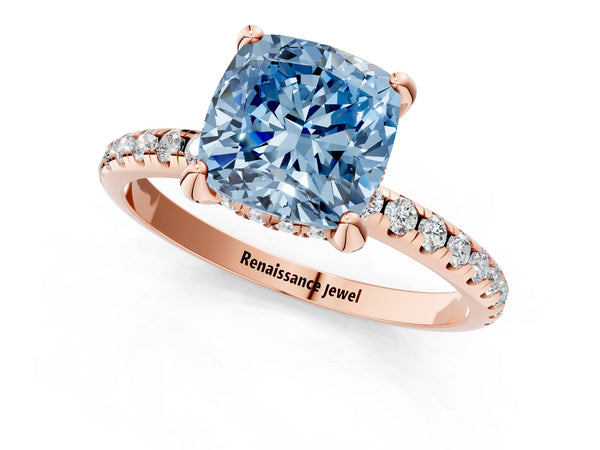 Rose gold Fancy Blue Cushion Cut Diamond Solitaire Ring with Four-Prong Setting and Pavé Band