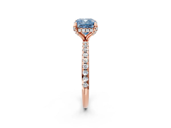 Rose gold Fancy Blue Cushion Cut Diamond Solitaire Ring with Four-Prong Setting and Pavé Band