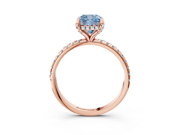 Rose gold Fancy Blue Cushion Cut Diamond Solitaire Ring with Four-Prong Setting and Pavé Band