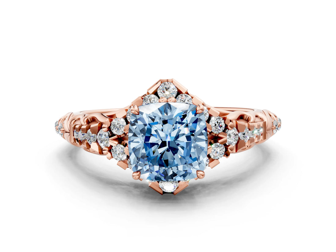 Rose gold Fancy Blue Cushion Cut Diamond Solitaire Ring with Hidden Halo and Pavé Band_27