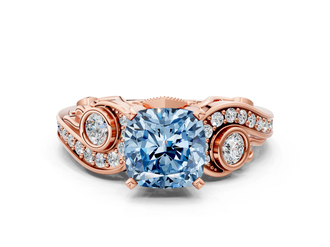 Rose gold Fancy Blue Cushion Cut Diamond Solitaire Ring with Milgrain Pavé Band and Four-Prong Setting_223