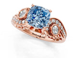 Rose gold Fancy Blue Cushion Cut Diamond Solitaire Ring with Milgrain Pavé Band and Four-Prong Setting_224