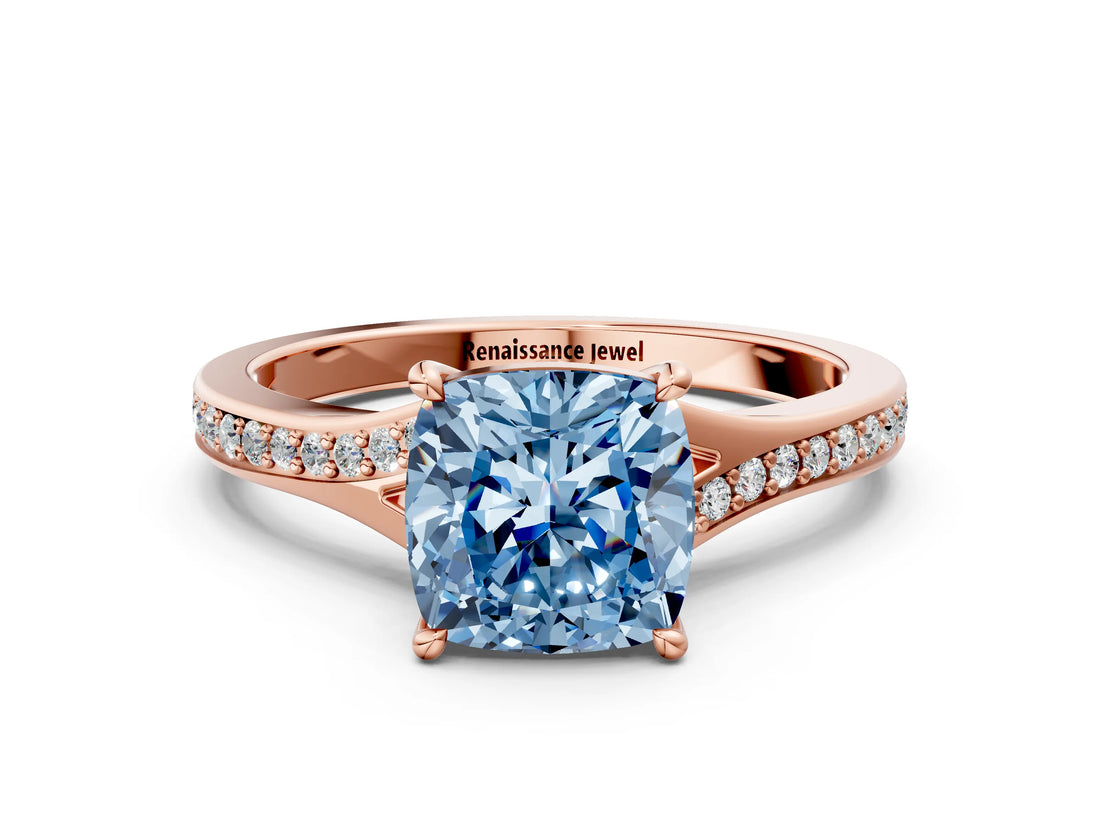 Rose gold Fancy Blue Cushion Cut Diamond Solitaire Ring with Pavé Band and Prong Setting_12