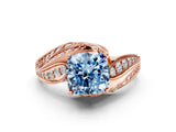 Rose gold Fancy Blue Cushion Cut Diamond Solitaire Ring with Prong Setting and Twisted Pavé Band