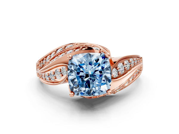 Rose gold Fancy Blue Cushion Cut Diamond Solitaire Ring with Prong Setting and Twisted Pavé Band