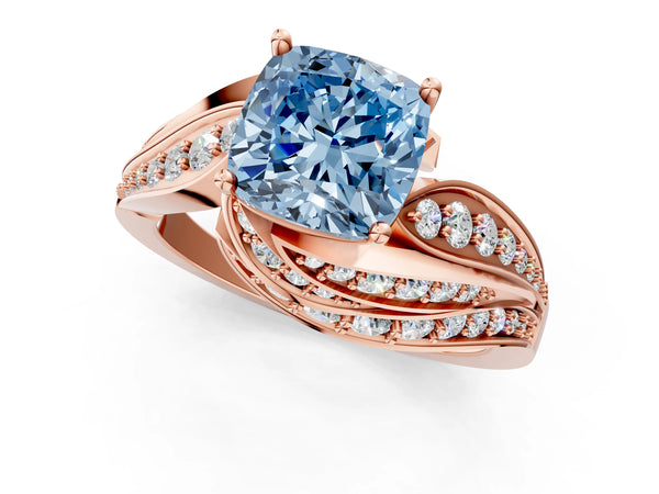 Rose gold Fancy Blue Cushion Cut Diamond Solitaire Ring with Prong Setting and Twisted Pavé Band