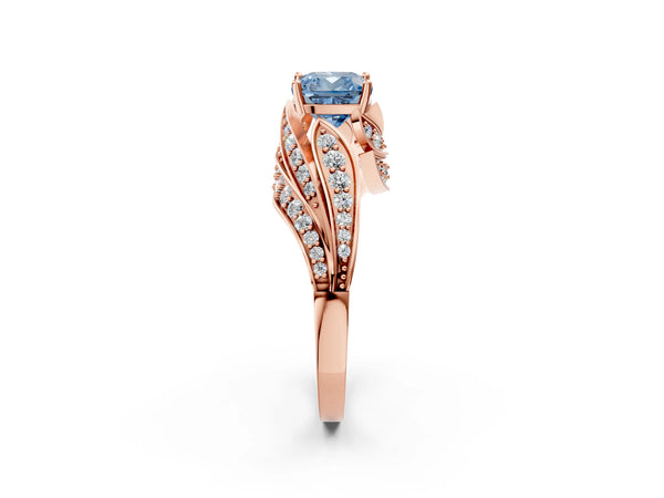 Rose gold Fancy Blue Cushion Cut Diamond Solitaire Ring with Prong Setting and Twisted Pavé Band