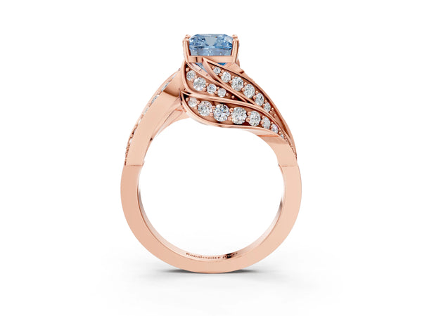 Rose gold Fancy Blue Cushion Cut Diamond Solitaire Ring with Prong Setting and Twisted Pavé Band