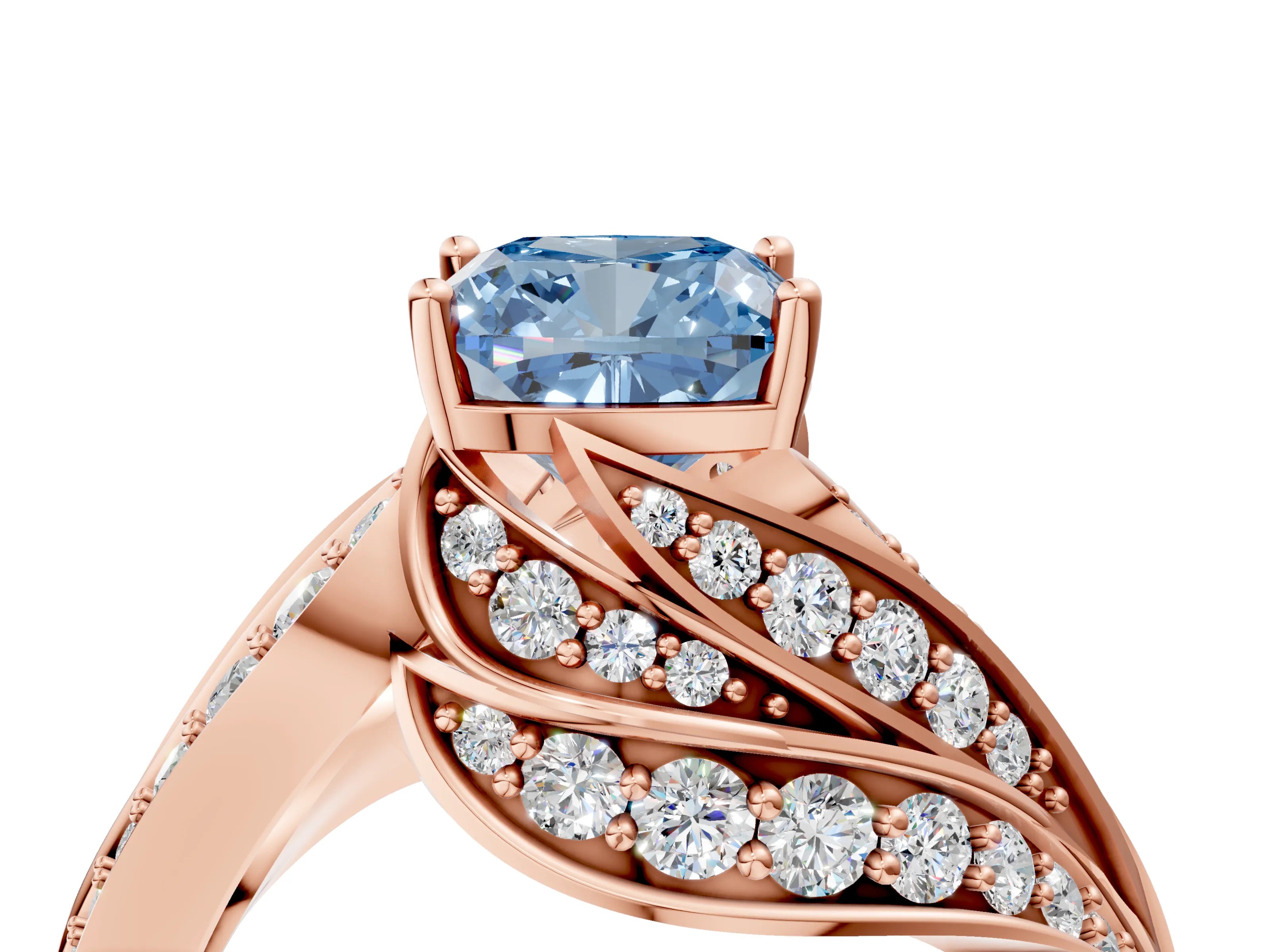 Rose gold Fancy Blue Cushion Cut Diamond Solitaire Ring with Prong Setting and Twisted Pavé Band_4