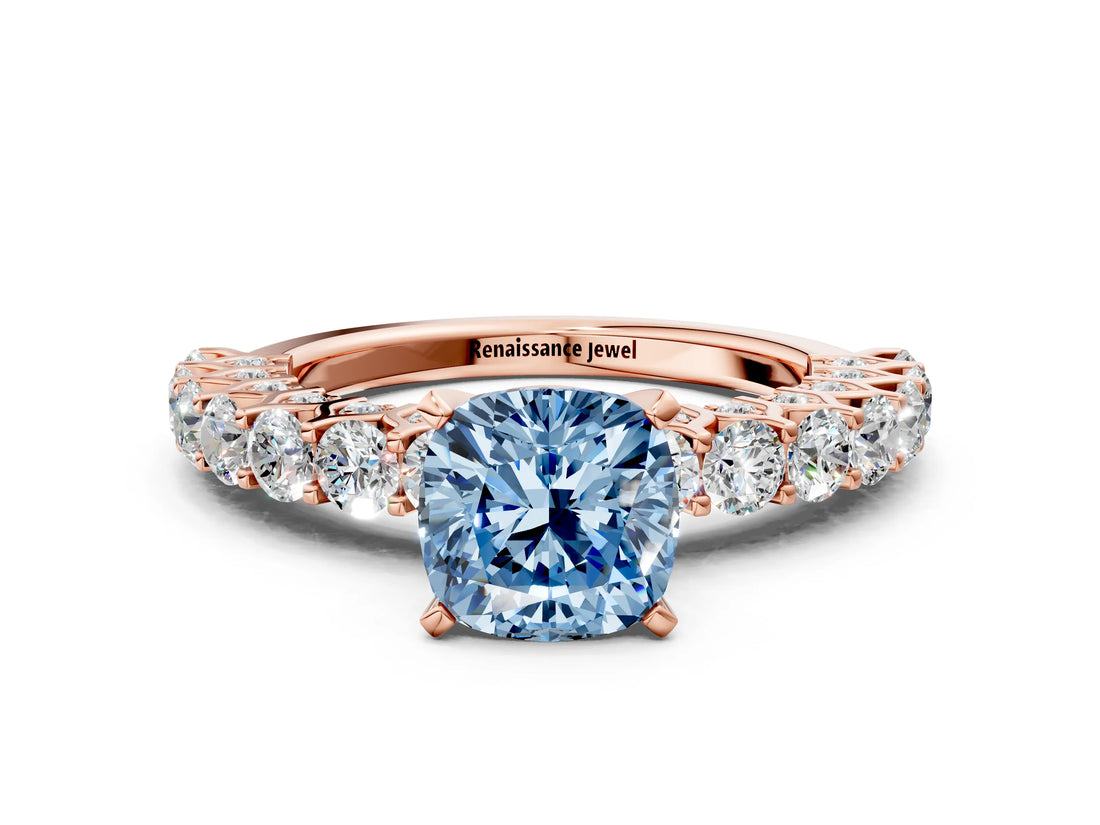 Rose gold Fancy Blue Cushion Cut Diamond Solitaire Ring with Shared Prong Pavé Band and Four-Prong Setting_58