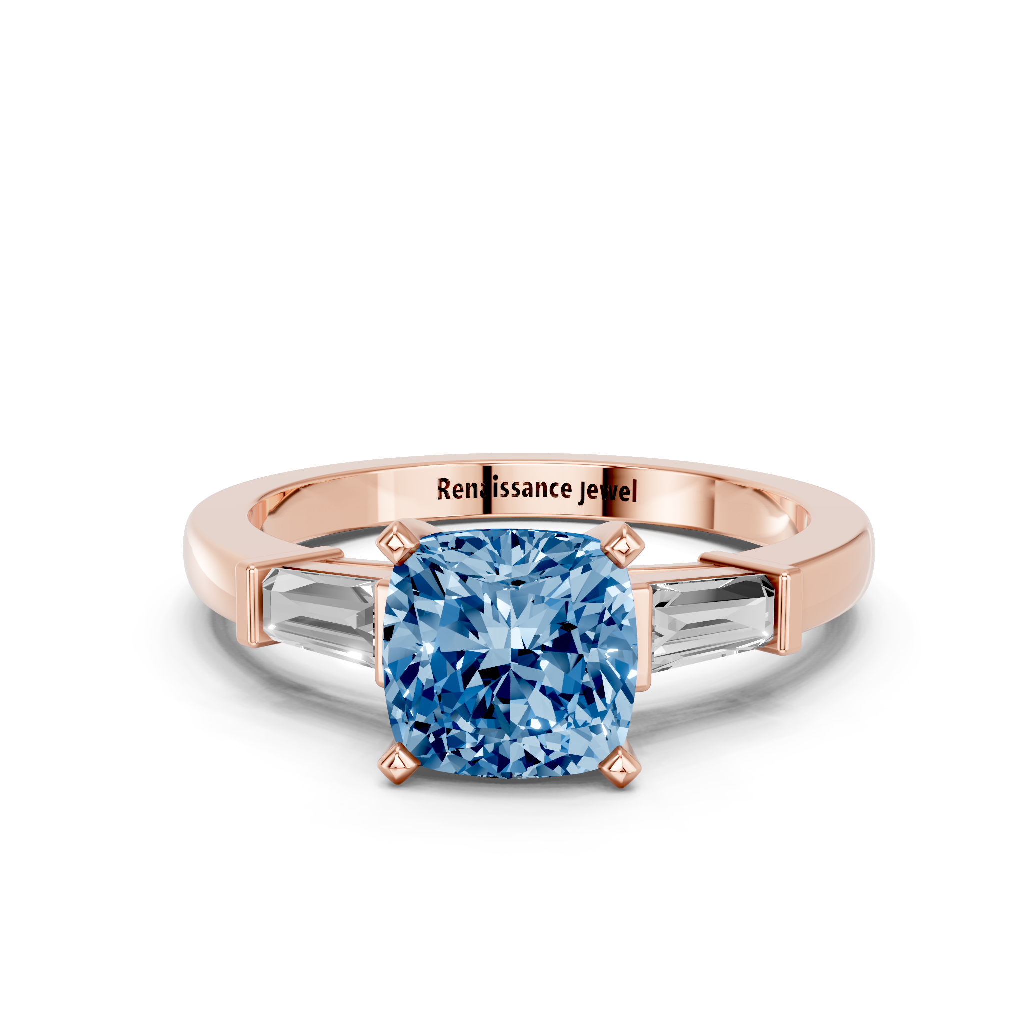 Rose gold Fancy Blue Cushion  Cut Diamond Solitaire Ring with Tapered Baguette Accents and Four-Prong Setting_11