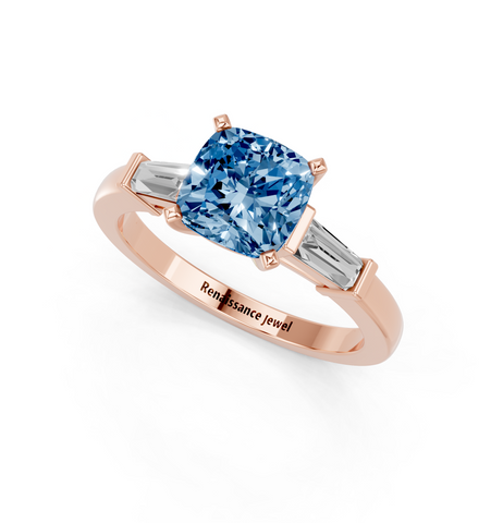 Rose gold Fancy Blue Cushion  Cut Diamond Solitaire Ring with Tapered Baguette Accents and Four-Prong Setting_3