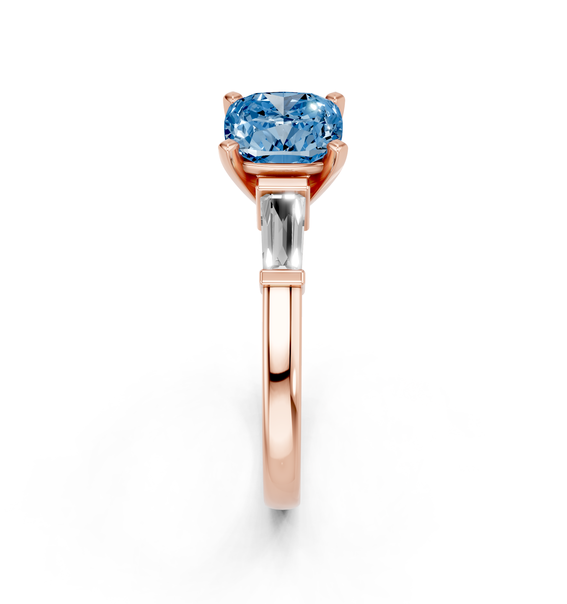 Rose gold Fancy Blue Cushion  Cut Diamond Solitaire Ring with Tapered Baguette Accents and Four-Prong Setting_4