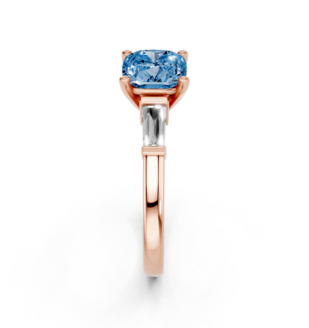 Rose gold Fancy Blue Cushion  Cut Diamond Solitaire Ring with Tapered Baguette Accents and Four-Prong Setting_4