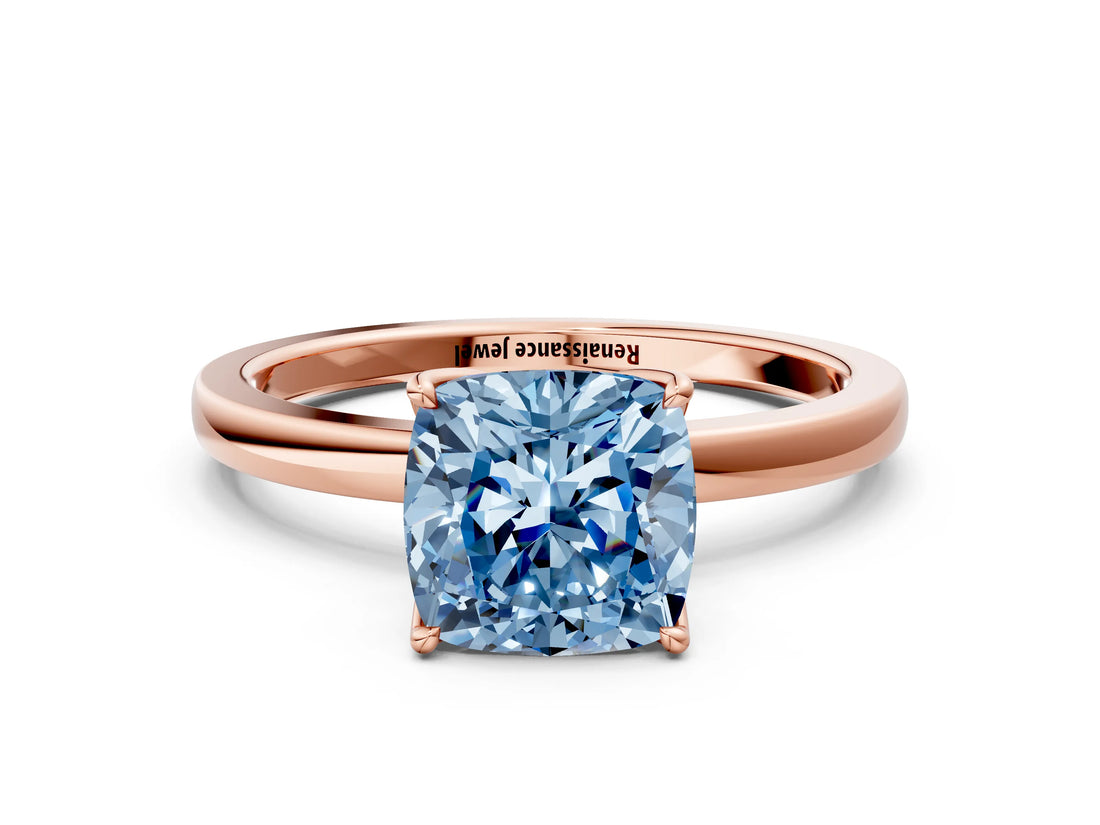 Rose gold Fancy Blue Cushion Cut Diamond Solitaire Ring with Thin Band and Prong Setting_12
