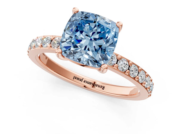Rose gold Fancy Blue Cushion  Cut Diamond Solitaire with Pave Band and Four-Prong Setting