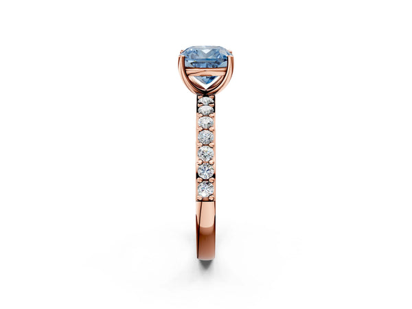 Rose gold Fancy Blue Cushion  Cut Diamond Solitaire with Pave Band and Four-Prong Setting