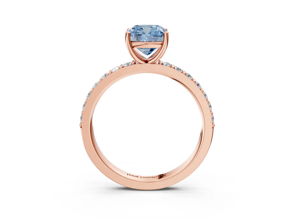 Rose gold Fancy Blue Cushion  Cut Diamond Solitaire with Pave Band and Four-Prong Setting