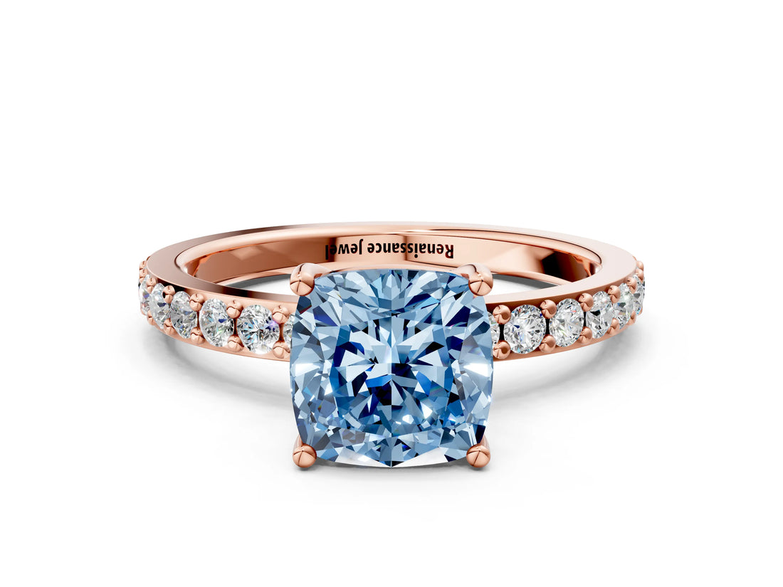 Rose gold Fancy Blue Cushion  Cut Diamond Solitaire with Pave Band and Four-Prong Setting