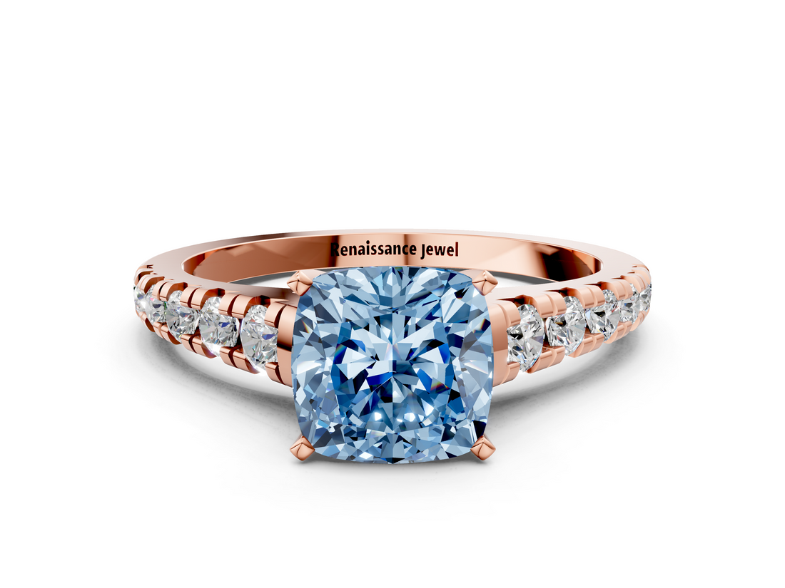 Rose gold Fancy Blue Cushion  Cut Diamond Solitaire with Pave Band and Four-Prong Setting_143