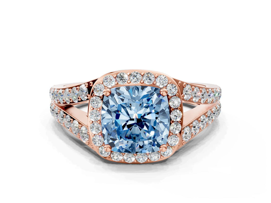 Rose gold Fancy Blue Cushion Cut Diamond Split Shank Halo Ring with Four-Prong Setting_68