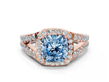 Rose gold Fancy Blue Cushion Cut Diamond Split Shank Halo Ring with Four-Prong Setting_68