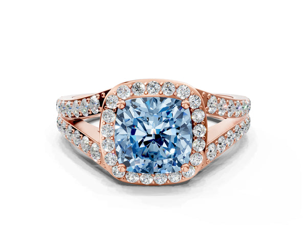 Rose Gold Cushion Cut Halo Engagement Ring Setting for Fancy Blue Center with Narrow Pave Split Shank