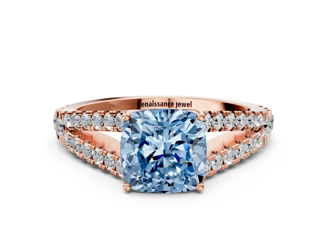 Rose gold Fancy Blue Cushion Cut Diamond Split Shank Pavé Engagement Ring with Four-Prong Setting_58