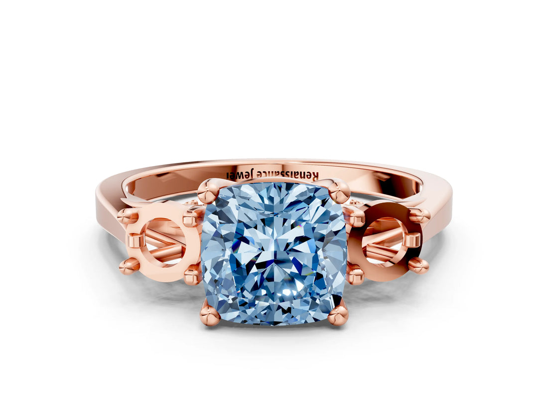 Rose gold Fancy Blue Cushion Cut Diamond Three-Stone Engagement Ring with Prong Setting and Pavé Band