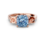 Rose gold Fancy Blue Cushion Cut Diamond Three-Stone Engagement Ring with Prong Setting and Pavé Band