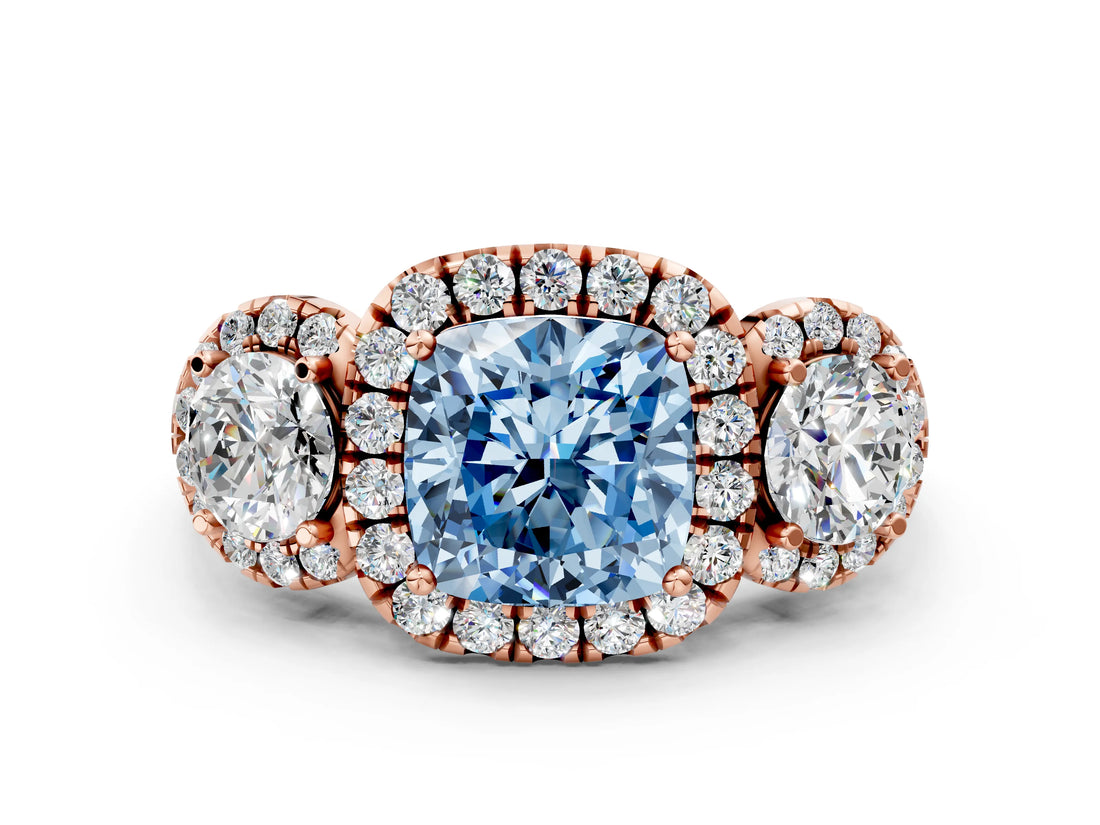 Rose gold Fancy Blue Cushion Cut Diamond Three-Stone Halo Ring with Prong Setting and Pavé Accents