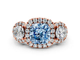 Rose gold Fancy Blue Cushion Cut Diamond Three-Stone Halo Ring with Prong Setting and Pavé Accents