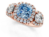 Rose gold Fancy Blue Cushion Cut Diamond Three-Stone Halo Ring with Prong Setting and Pavé Accents_1