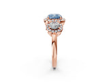 Rose gold Fancy Blue Cushion Cut Diamond Three-Stone Halo Ring with Prong Setting and Pavé Accents_2