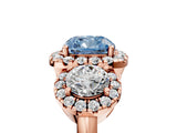 Rose gold Fancy Blue Cushion Cut Diamond Three-Stone Halo Ring with Prong Setting and Pavé Accents_5