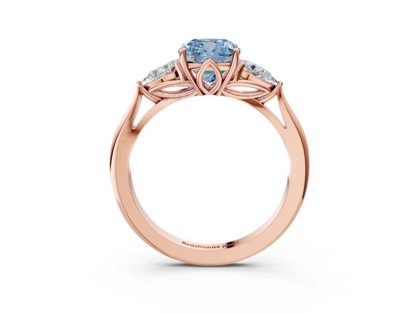Rose Gold Cushion Cut Three Stone Pear Side Engagement Ring Setting for Fancy Blue Center