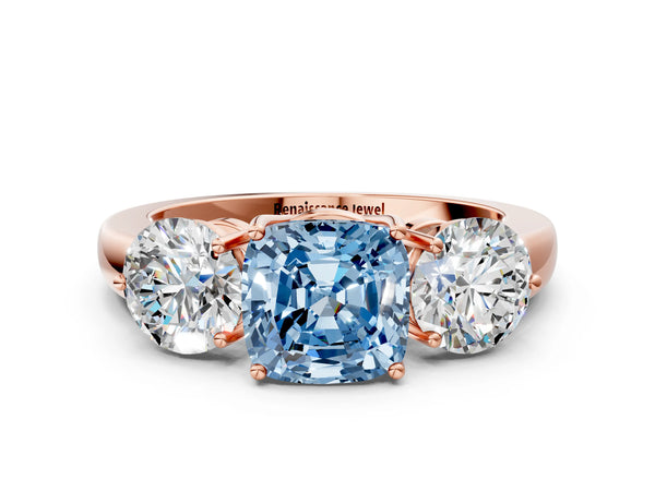 Rose gold Fancy Blue Cushion Cut Diamond Three-Stone Ring with Prong Setting and Classic Band