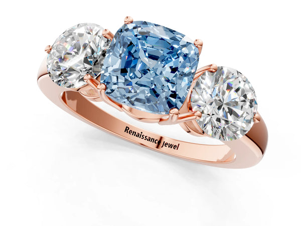 Rose gold Fancy Blue Cushion Cut Diamond Three-Stone Ring with Prong Setting and Classic Band