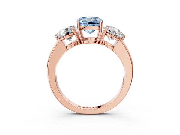 Rose gold Fancy Blue Cushion Cut Diamond Three-Stone Ring with Prong Setting and Classic Band