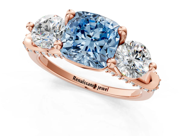 Rose Gold Cushion Cut Curved Pave Three Stone Engagement Ring Setting for Fancy Blue Center