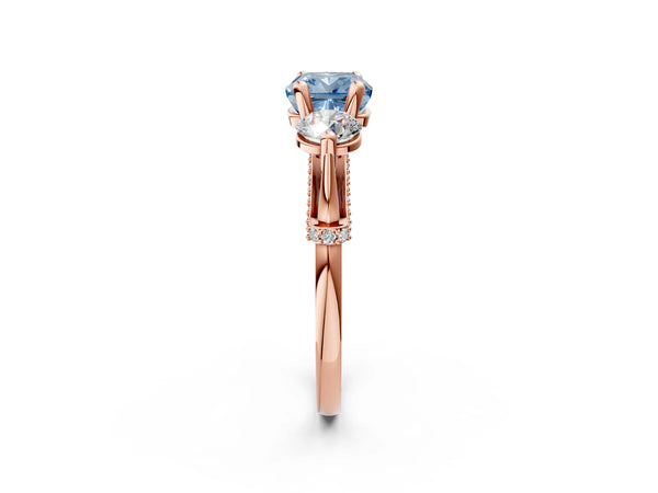 Rose Gold Cushion Cut Curved Pave Three Stone Engagement Ring Setting for Fancy Blue Center
