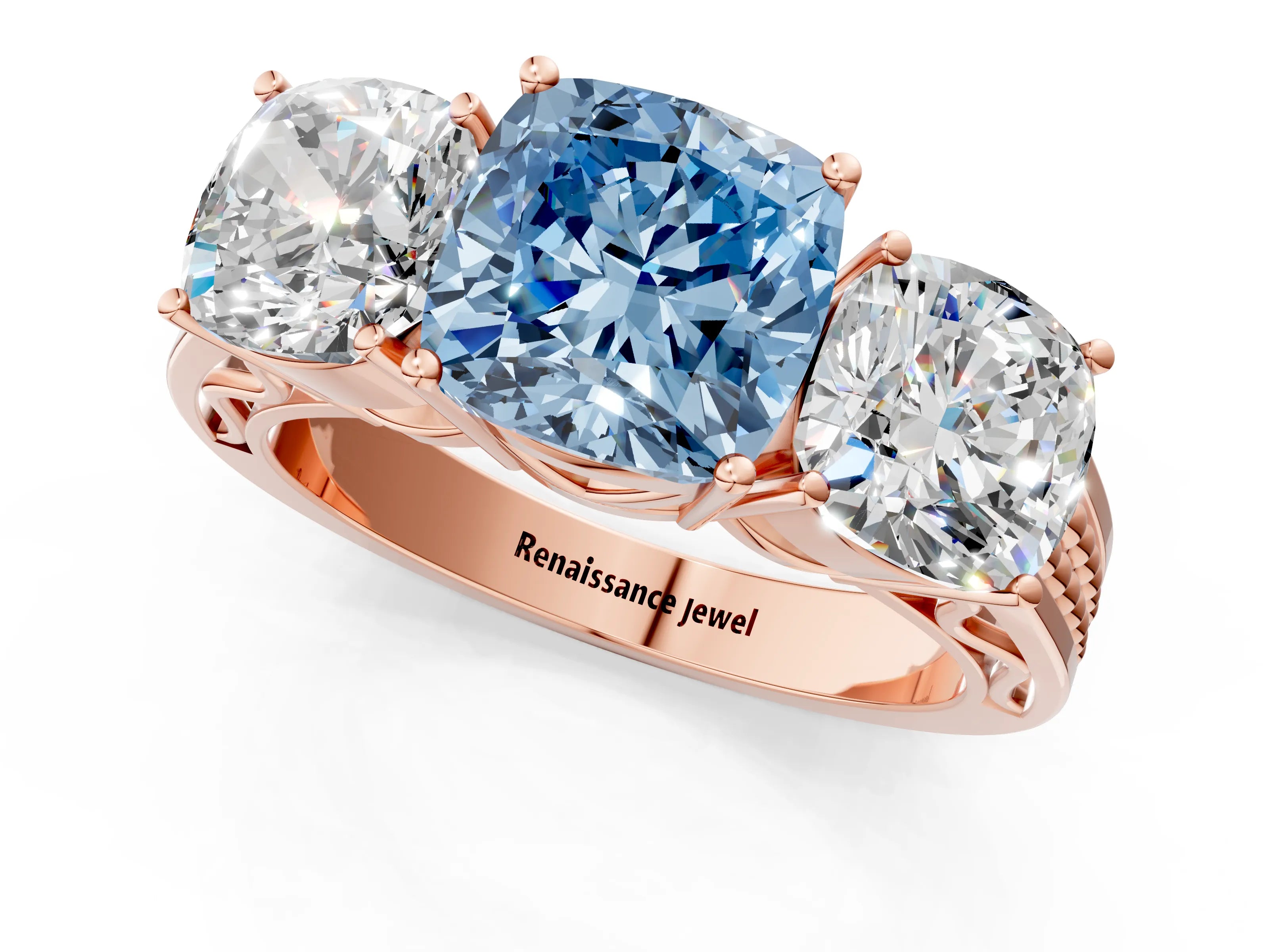 Rose gold Fancy Blue Cushion Cut Diamond Three-Stone Ring with Prong Setting and Textured Band_1