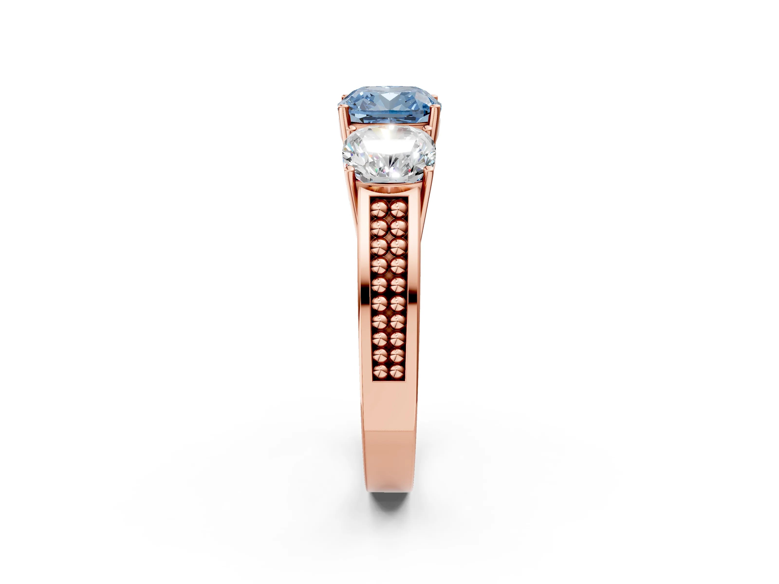 Rose gold Fancy Blue Cushion Cut Diamond Three-Stone Ring with Prong Setting and Textured Band_2