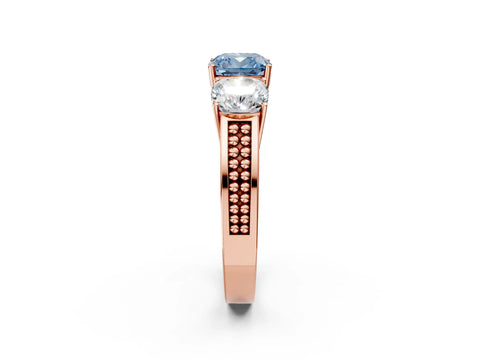 Rose gold Fancy Blue Cushion Cut Diamond Three-Stone Ring with Prong Setting and Textured Band_2