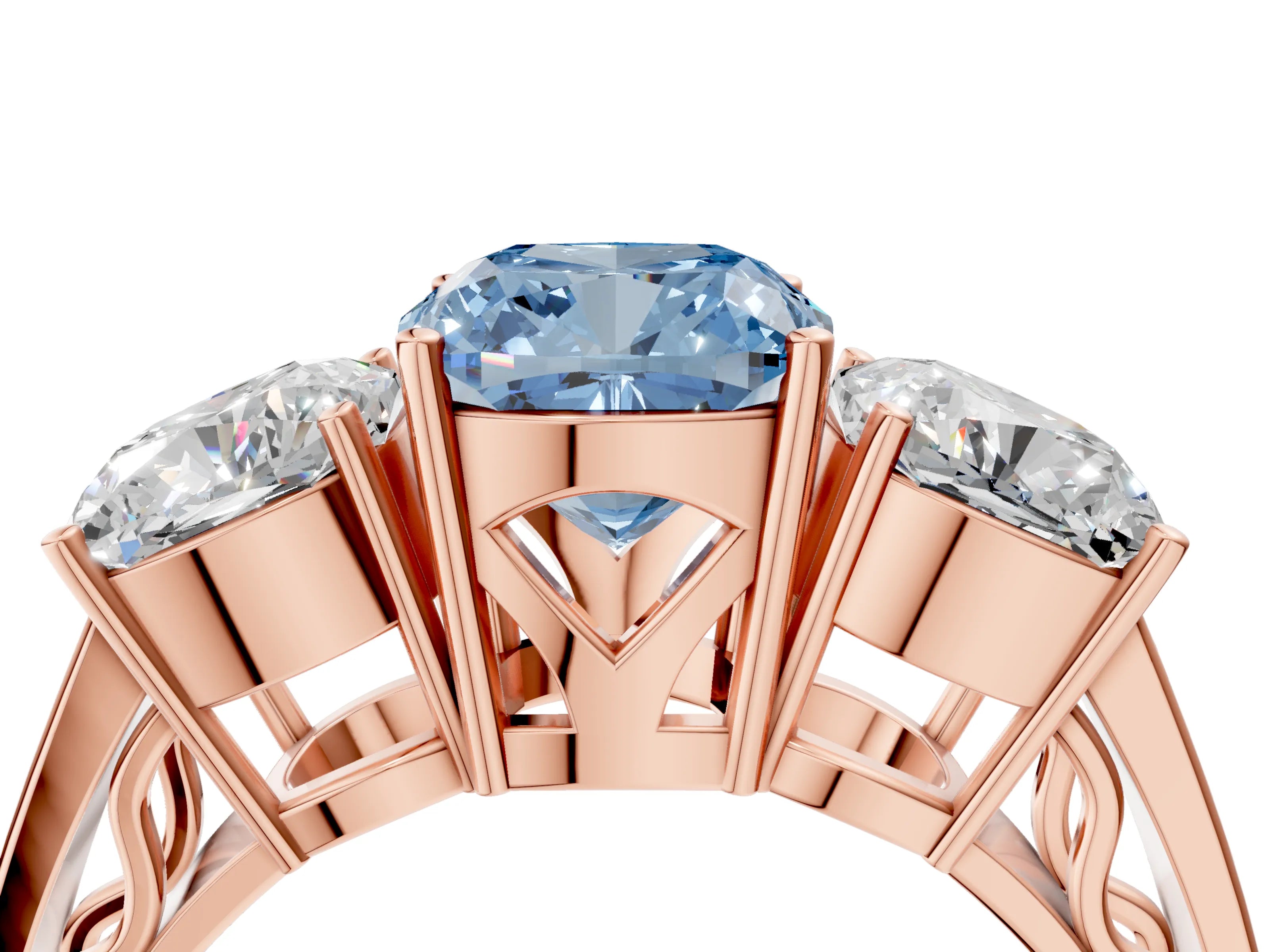 Rose gold Fancy Blue Cushion Cut Diamond Three-Stone Ring with Prong Setting and Textured Band_4