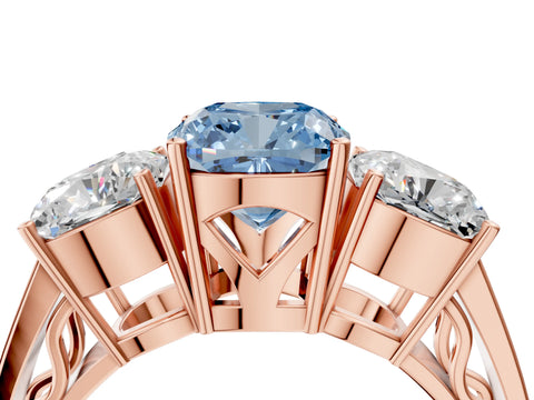 Rose gold Fancy Blue Cushion Cut Diamond Three-Stone Ring with Prong Setting and Textured Band_4