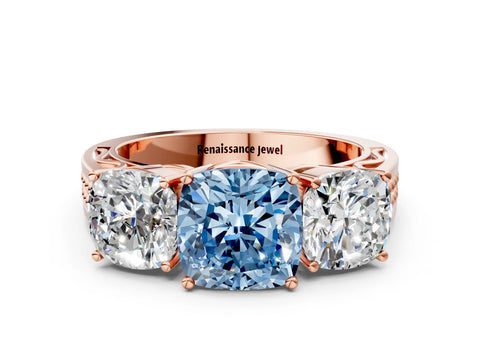 Rose gold Fancy Blue Cushion Cut Diamond Three-Stone Ring with Prong Setting and Textured Band