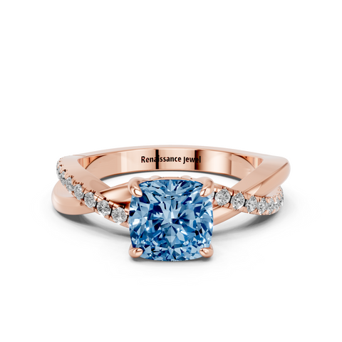 Rose gold Fancy Blue Cushion  Cut Diamond Twist Band Solitaire with Prong Setting_11